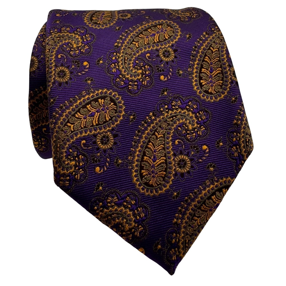 Hugh Parsons Paisley Italian Silk Neck Tie Luxury Formal Mens Purple Gold Luxury